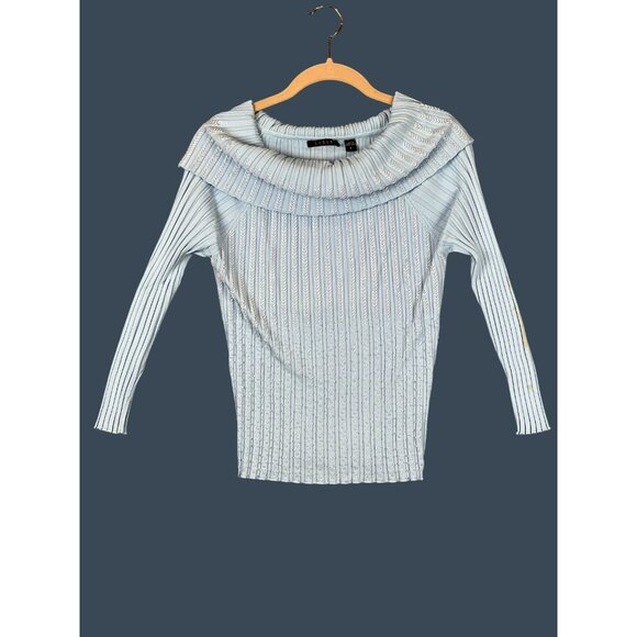 Beaded Womens Large Sweater Blue Ribbed Knit Off Shoulder Pullover Hong Kong 90s - Picture 3 of 13